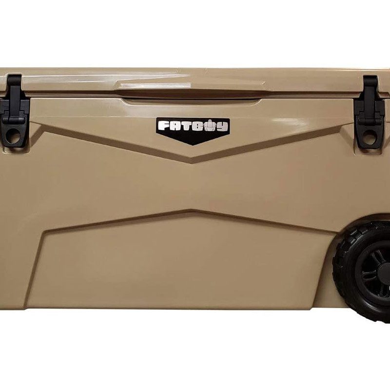 A brown Fatboy 70-Quart Wheeled Cooler.