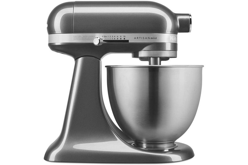 KitchenAid mixer on white background.