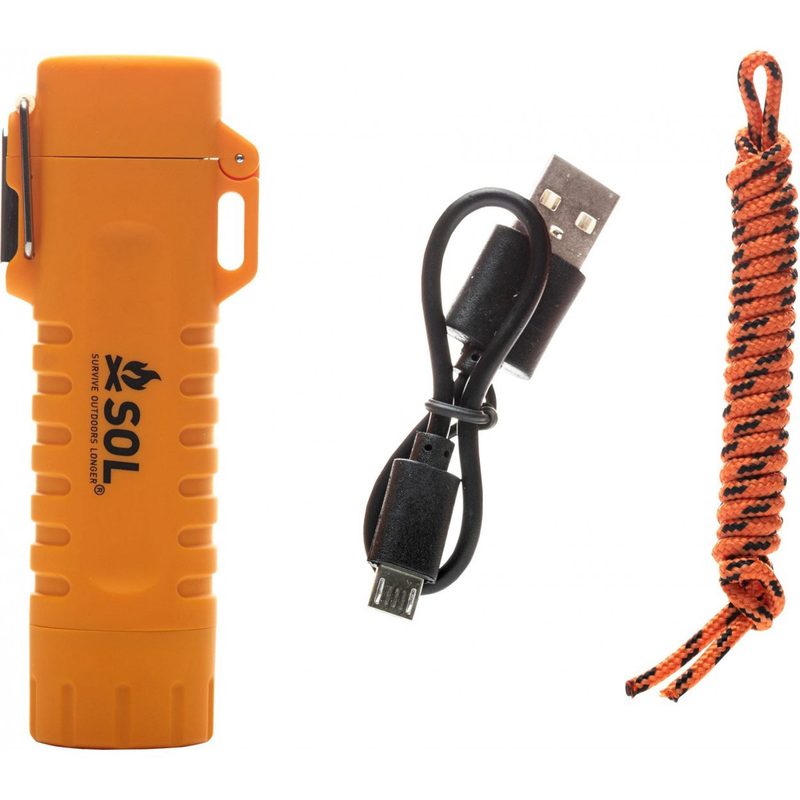 A SOL Fire Lite Fuel-Free Lighter. a USB cord, and a black and orange cord on white background.