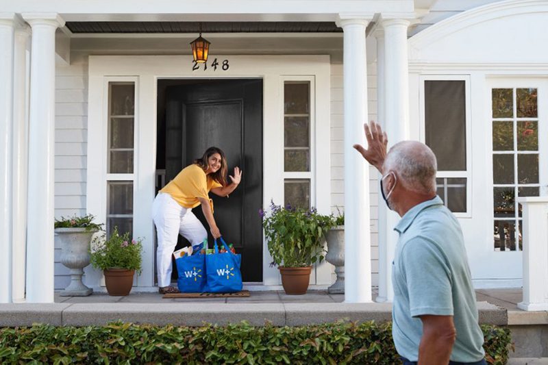 Walmart Plus delivery on doorstep lifestyle image.