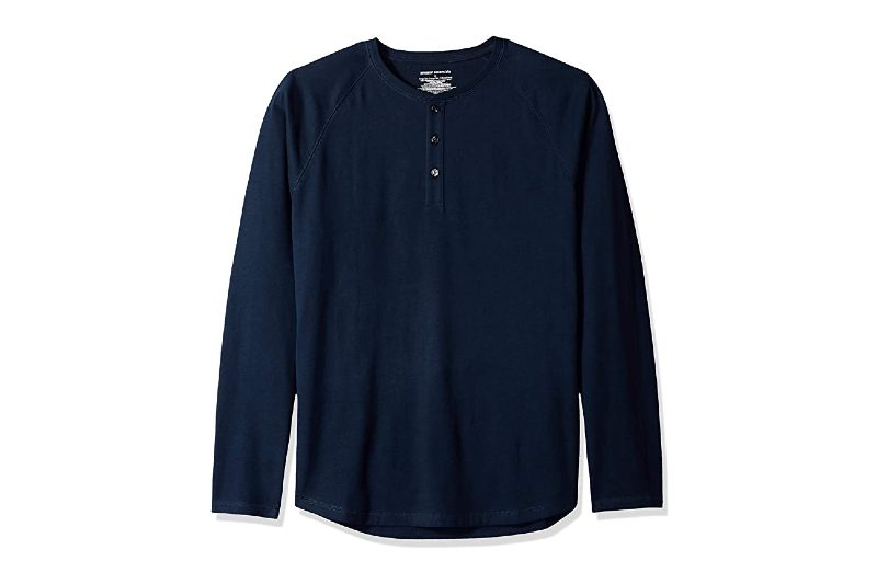 Amazon Essentials Long-Sleeve Henley Shirt on a white backdrop.