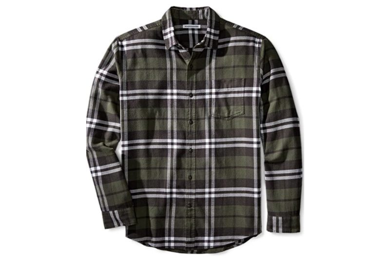 Amazon Essentials Plaid Flannel Shirt on a white backdrop.