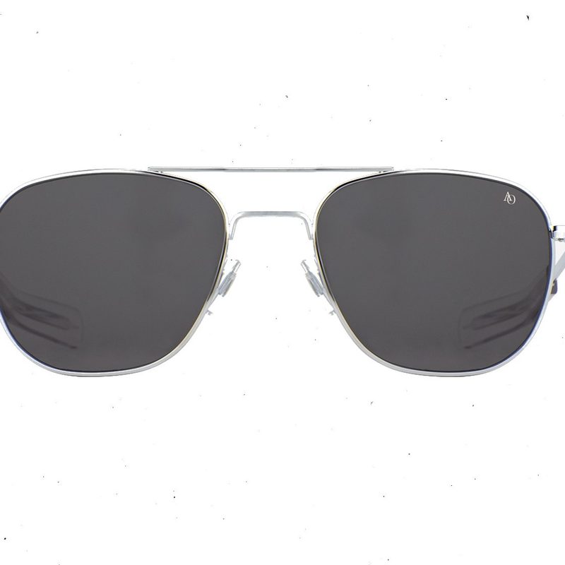 This American Optical Original Pilot Sunglasses is a 57-20-145mm in a matte silver color frame and green lense.
