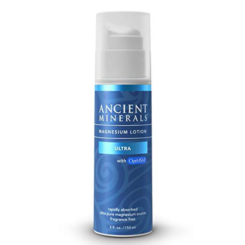 Ancient minerals magnesium lotion on a white background.