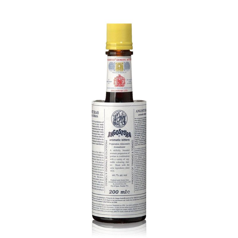 Bottle of Angostura aromatic bitters displayed on a white background.