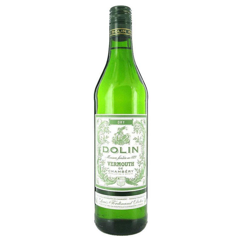 Bottle of Dolin Dry Vermouth displayed on a white background.