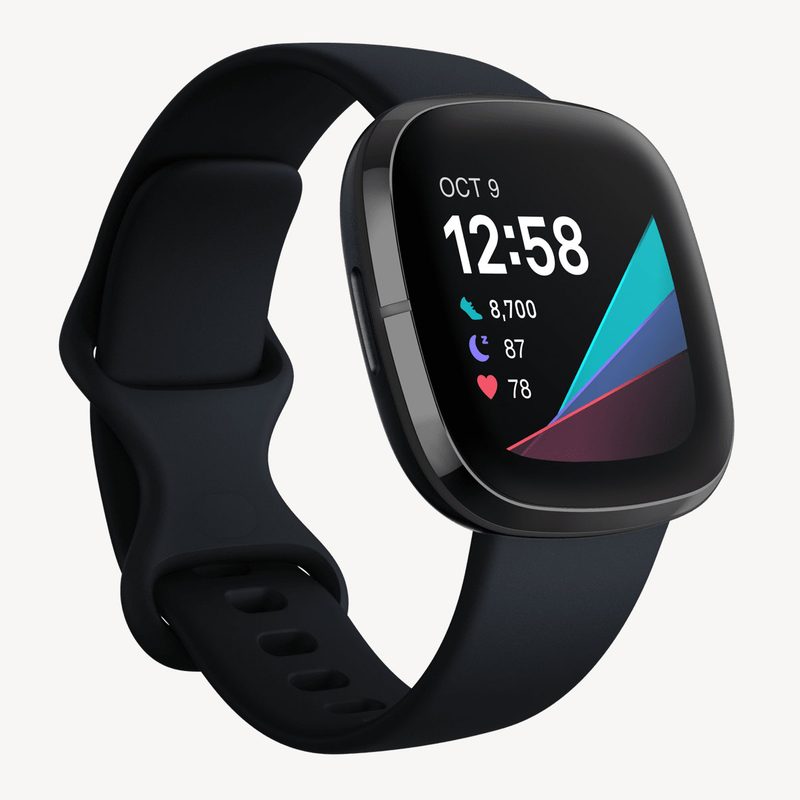 The black version of the Fitbit Sense advanced health smartwatch, viewed at an angle.