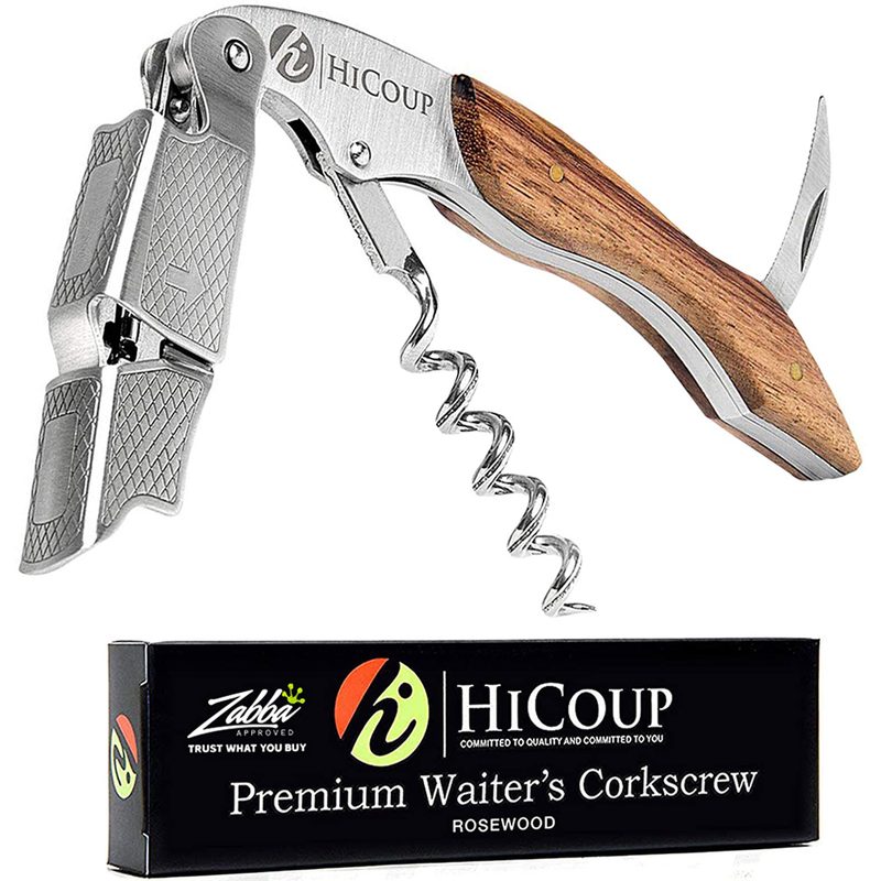 An open HiCoup Premium Waiter's Corkscrew sitting above its packaging.
