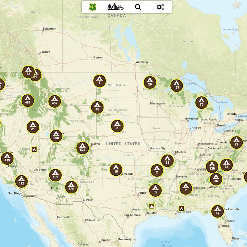 Map of dispersed campsites on National Forest land in the United States.