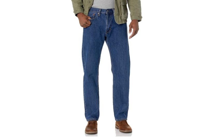 A pair of Levi's 505 Jeans partnered with a jacket and a pair of shoes.