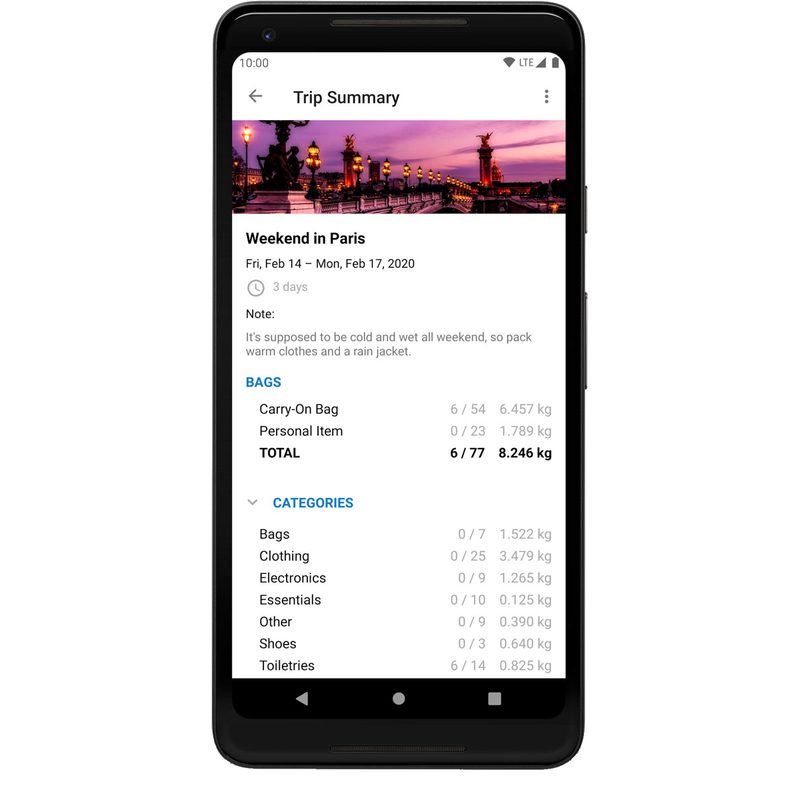 OneBag packing app.