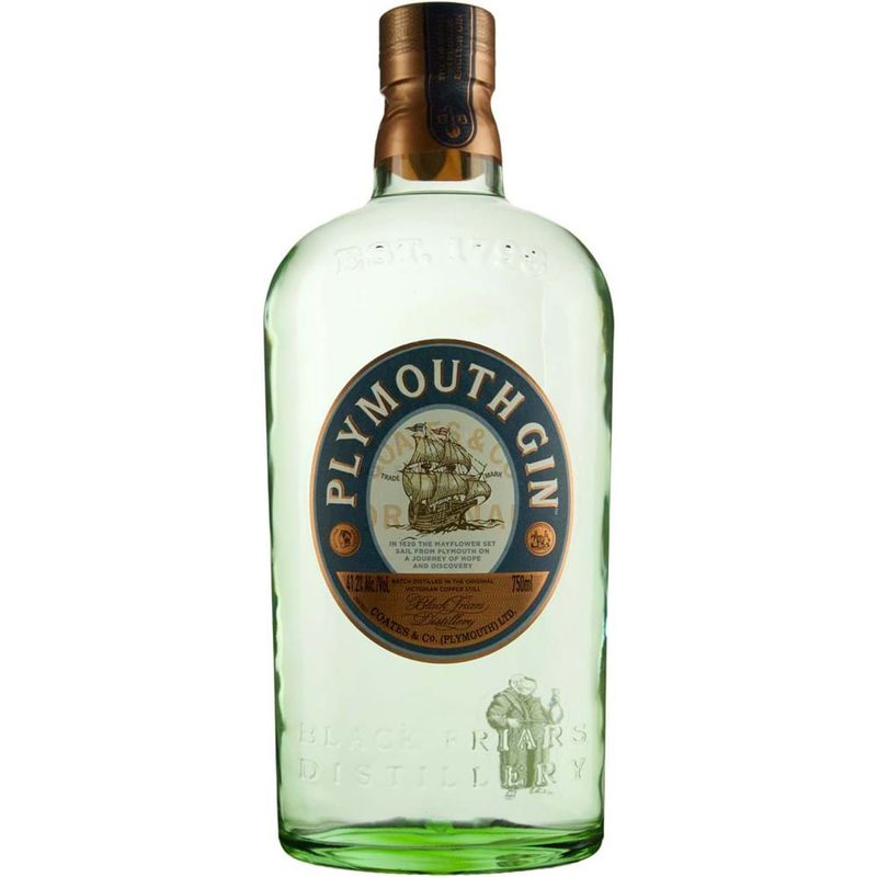 A bottle of Plymouth Gin displayed on a white background.