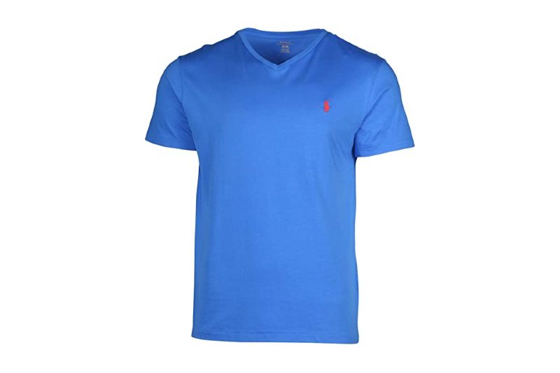 Blue Polo Ralph Lauren V-Neck T-Shirt on a white backdrop.
