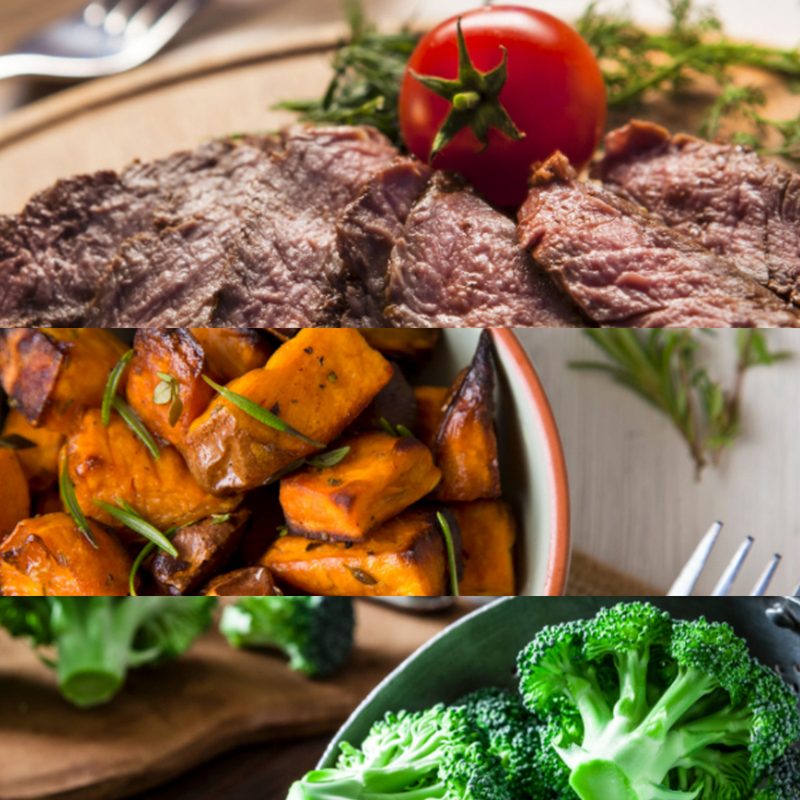 Steak, sweet potato, and broccoli.