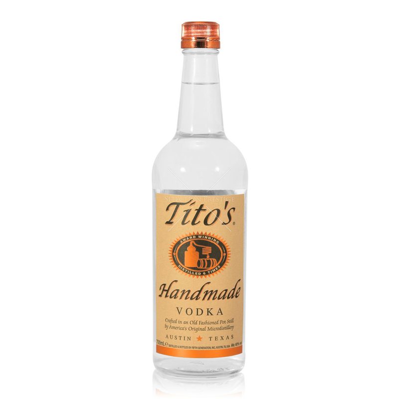 Tito's Handmade Vodka displayed on a white background.