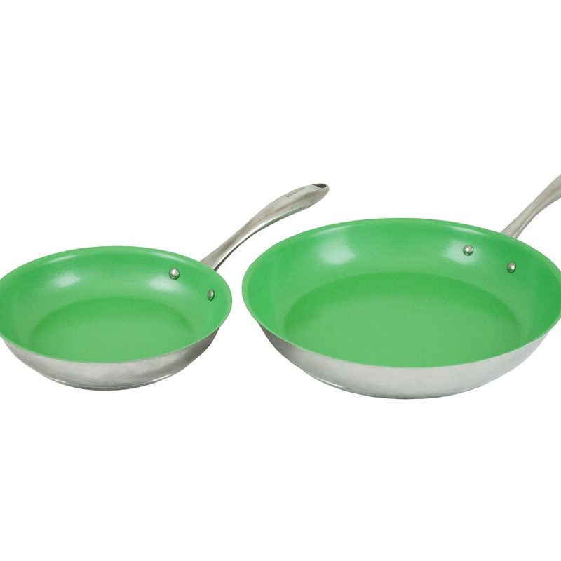 Two green Tuxton Home Concentrix Nonstick Pans on white background.