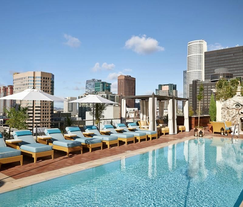 Pool area of The Nomad overlooking the buildings of L.A