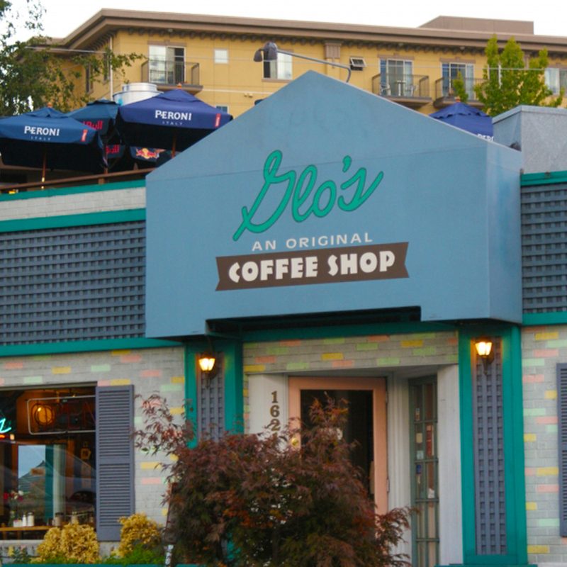 Outside the building of Glo's Coffee Shop.