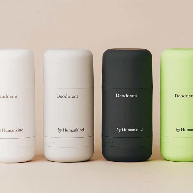 Humankind Refillable Deodorants, featuring four scents on a beige background.