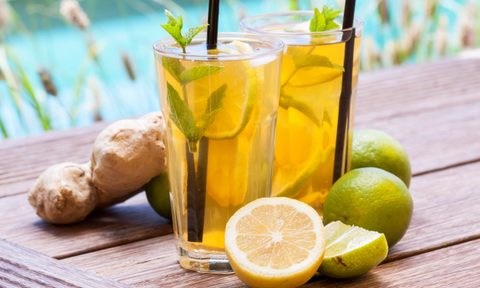 Homemade iced tea, lemonade with fresh ginger, lemon, lime and mint