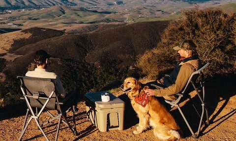 Two men with a Yeti cooler and a dog