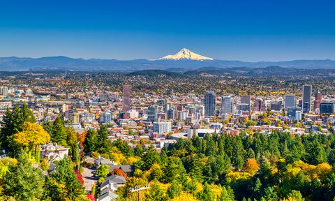 View of the mountains and skyline of Portland, Oregon