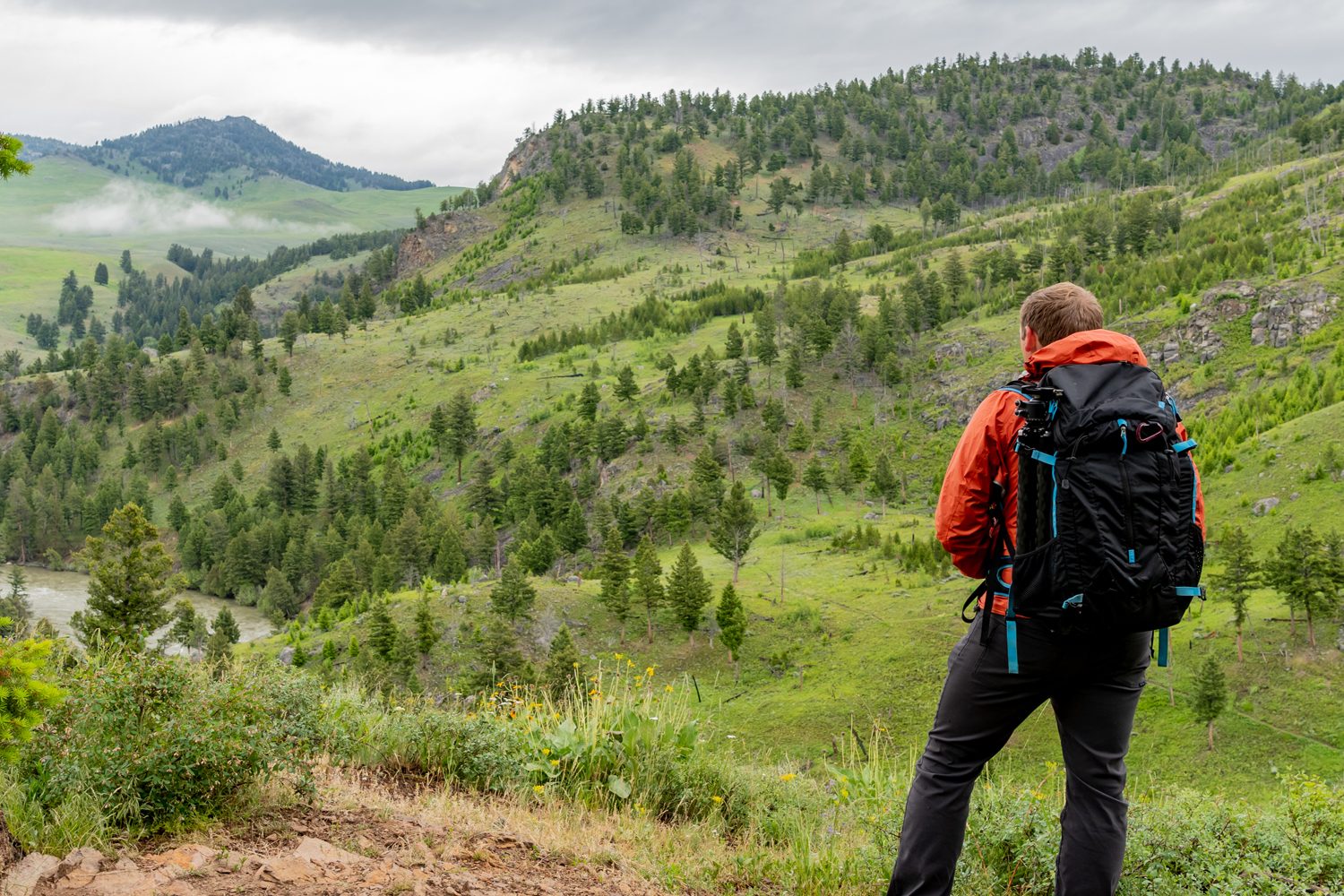 Man with backpack looks out over Yellowstone National Park's wilderness on overcast day