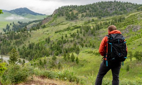 Man with backpack looks out over Yellowstone National Park's wilderness on overcast day