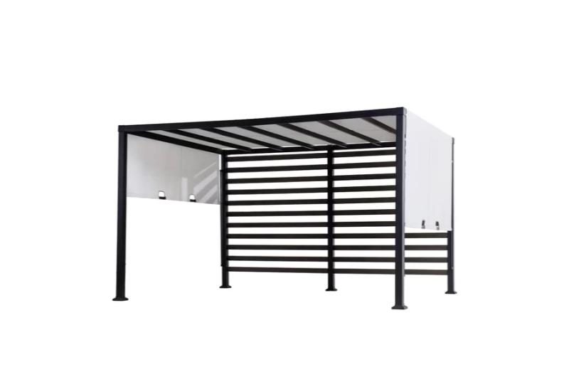 Sunjoy Soft Backyard Pergola in black and white.