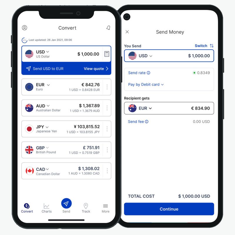 The XE Currency Converter app showing the currency converting process.