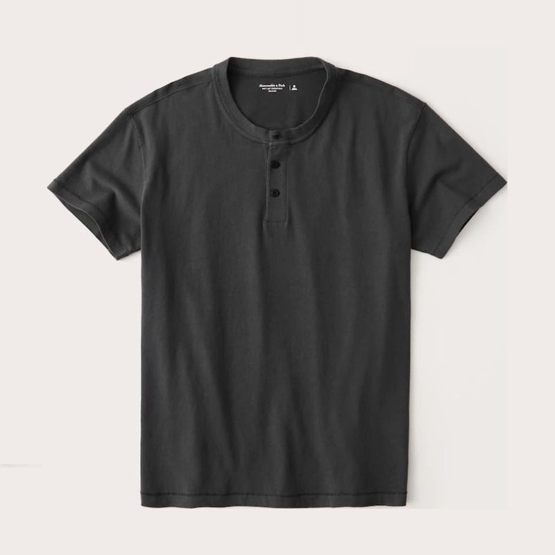 short sleeved dark gray henley shirt.
