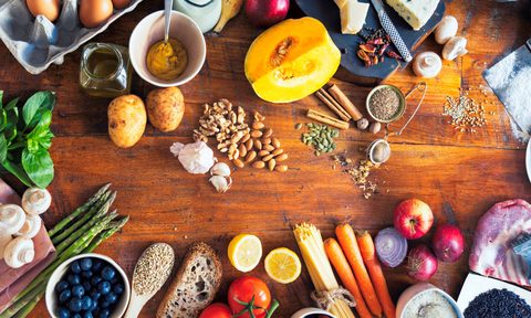Various healthy foods on a table