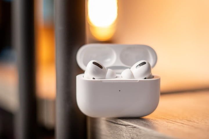 AirPods Pro in charging case on a table.