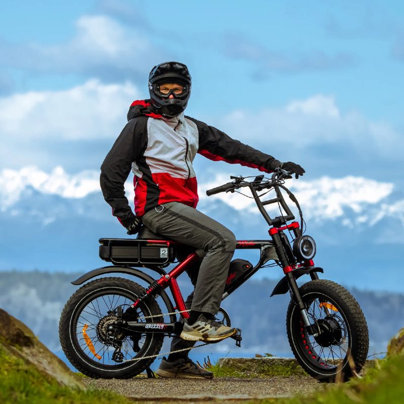 E-bike rider stopped on an Ariel Rider Grizzly with mountain views in the background.
