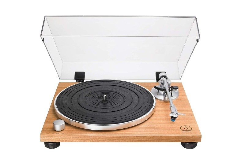 Audio-techa turntable on a white background.