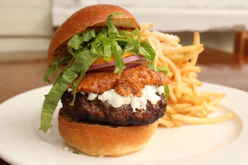 Bacon jam and goat cheese burger