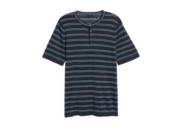 gray and blue striped short sleeved henley shirt.
