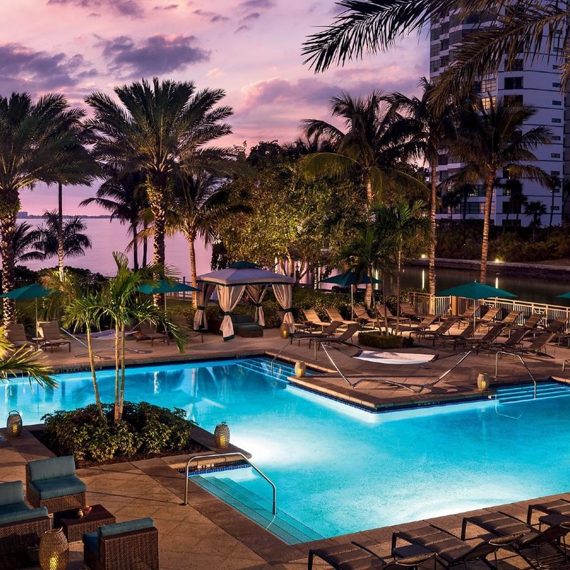 Pool area of Ritz-Carlton Sarasota during twilight.