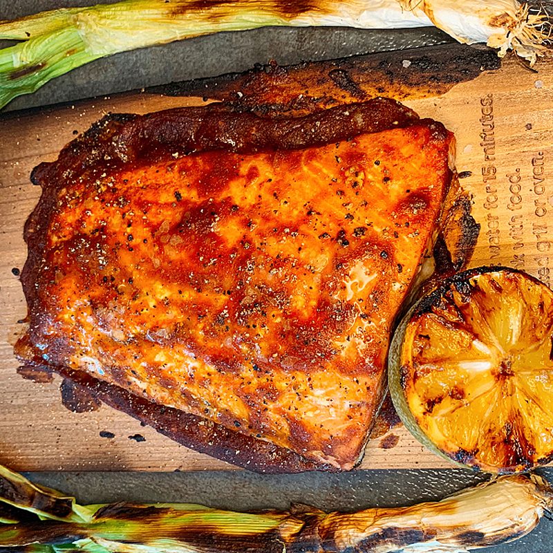 Cherry fire-glazed cedar-planked salmon