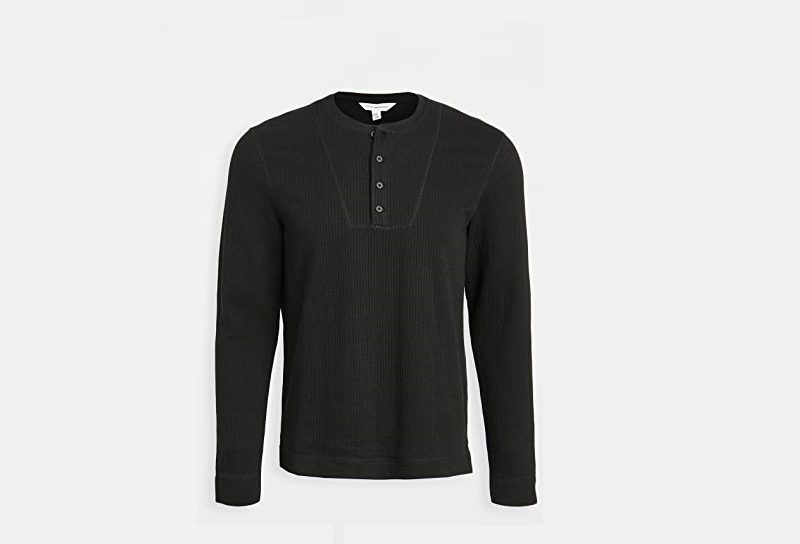 long sleeved black henley shirt.