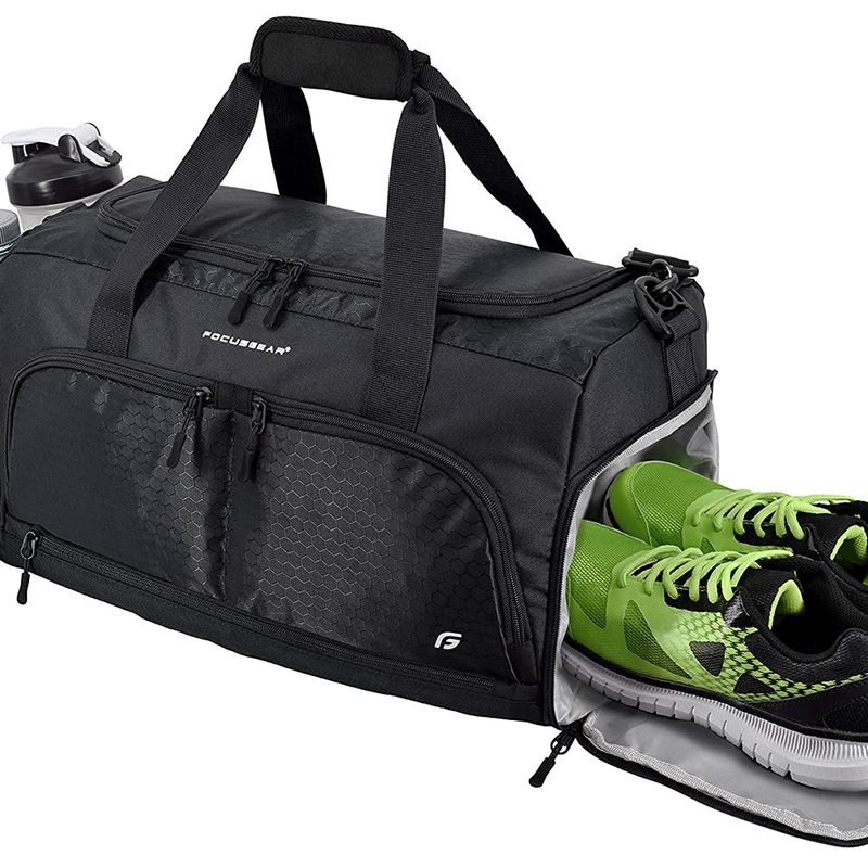 FocusGear Ultimate Gym Bag 2.0 with tumblers and a pair of shoes.