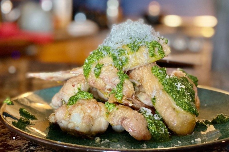 Garlic parmesan chicken wings with basil pesto