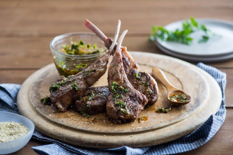 Grilled lamb chops with chimichurri sauce and rosemary salt