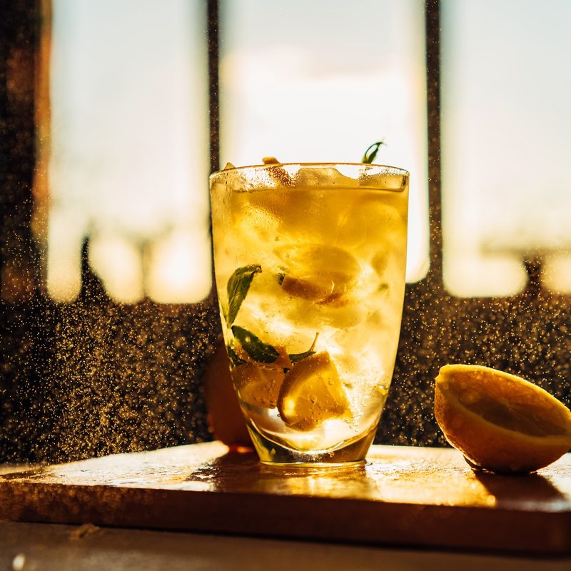 Fresh limoncello mojito on a chopping board