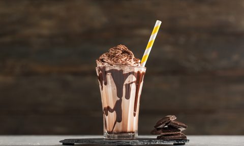 Chocolate milkshake and whipped cream on a table