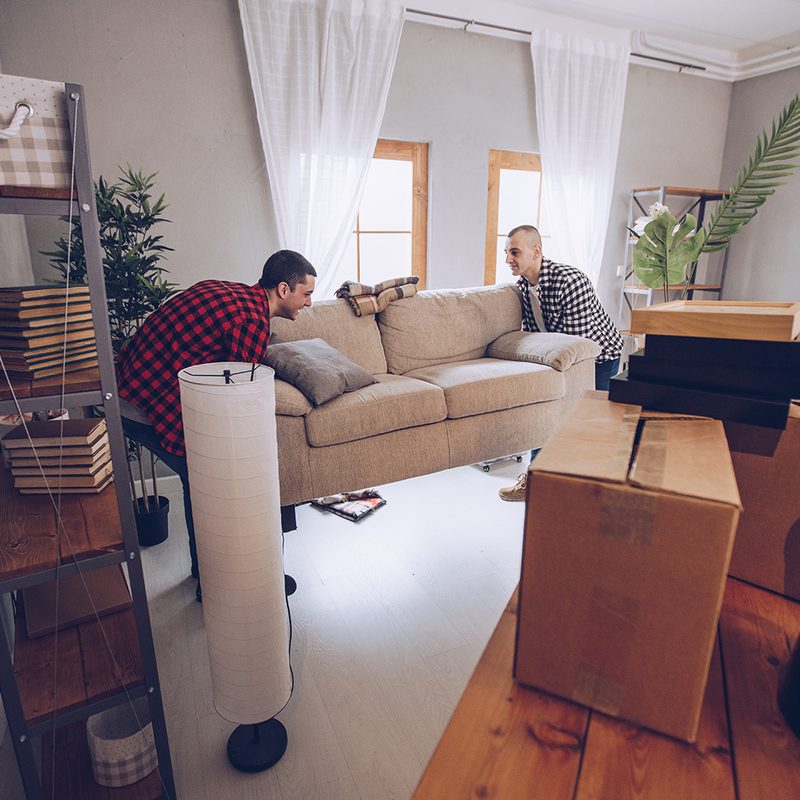 Two men placing a sofa in the living room among other furniture.