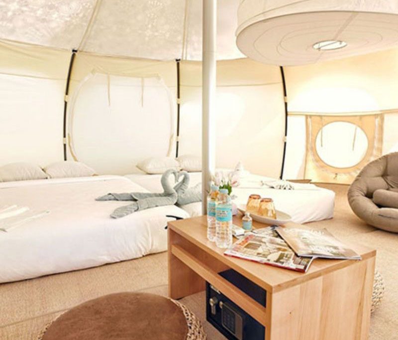 Interior living space of the luxurious Lotus Belle Outback Deluxe Tent.