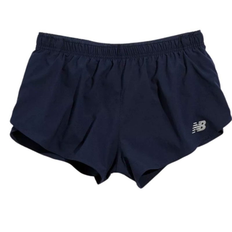 Dark blue New Balance Running Short on a white background.