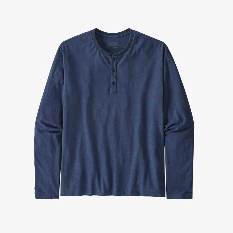 long sleeved blue henley shirt.
