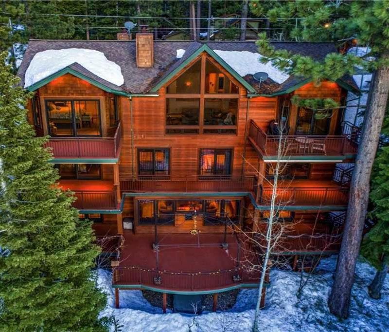 Front aerial view of Tahoe Crestview Lodge Home in Lake Tahoe.